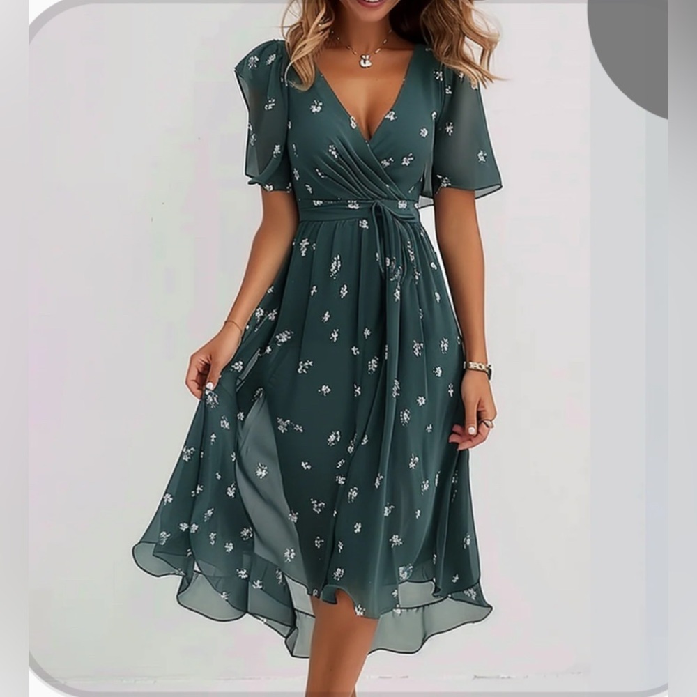 Elegant Floral Wrap Dress in Green